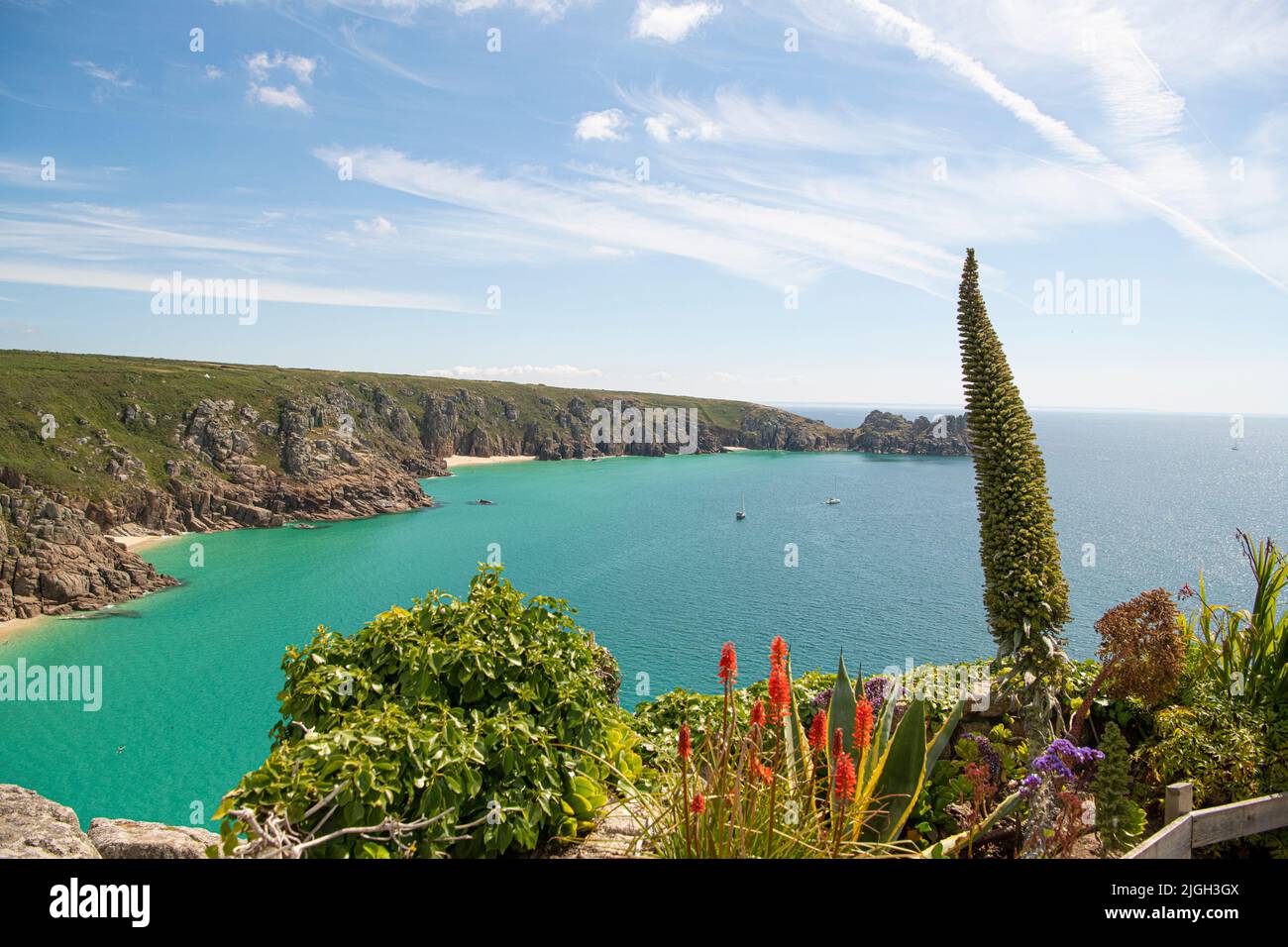 weather in Cornwall,boiling hot summers day,on Cornwall beaches,Porthcurno Beach Stock Photo
