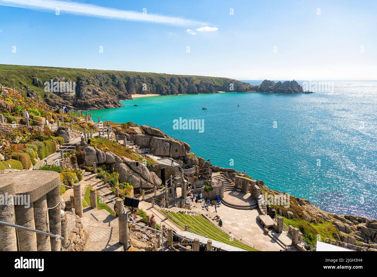 The Minack Theatre ,Porthcurno beach Looking out from Minack Theatre you will see Porthcurno beach below. Porthcurno is one of the nicest beaches in C Stock Photo