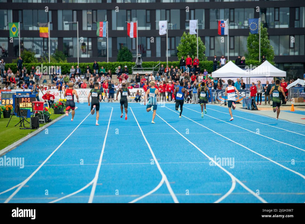 SAMORIN, SLOVAKIA, 9. JULY: Track and Field race, track and field sprinters in professional track and field running race. World Athletics, Qualifying Stock Photo