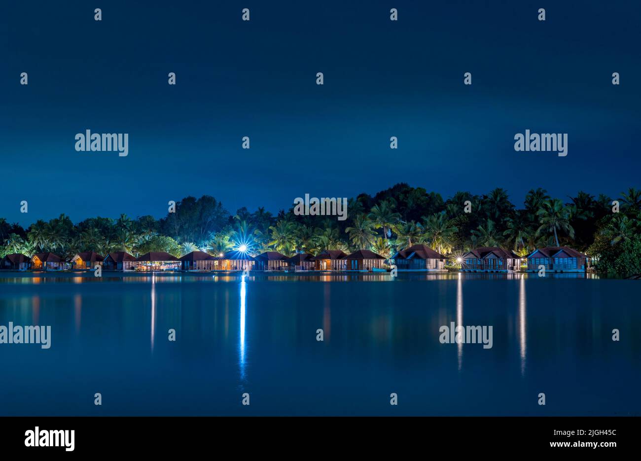 Floating cottages in Poovar island, Poovar Lake at night. Thiruvananthapuram, Kerala, India. Stock Photo