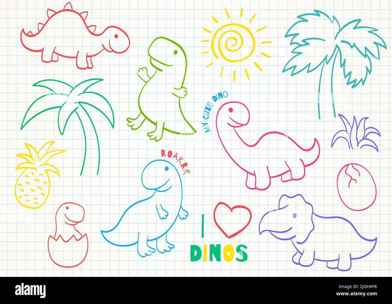 Set of cute hand drawn sketches with dinosaurs - stegosaurus ...
