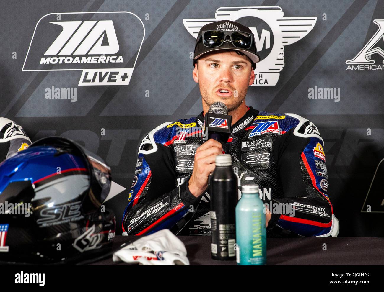 Monterey, CA, USA. 10th July, 2022. A Kyle Wyman talks to the media after  the Geico MotoAmerica Mission King of the Baggers at Weathertech Laguna  Seca Monterey, CA Thurman JamesCSMAlamy Live News
