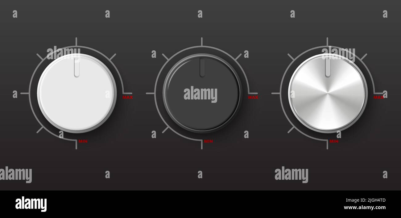 Realistic round white black and silver adjustment dials against dark background isolated vector illustration Stock Vector