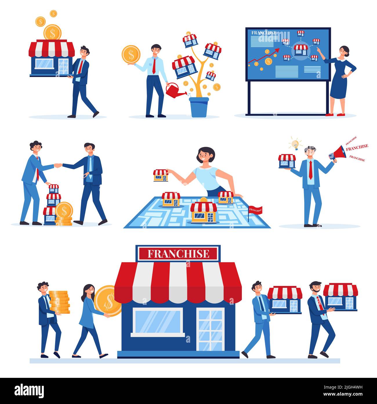 Franchise business set with isolated compositions of storefronts and business people making