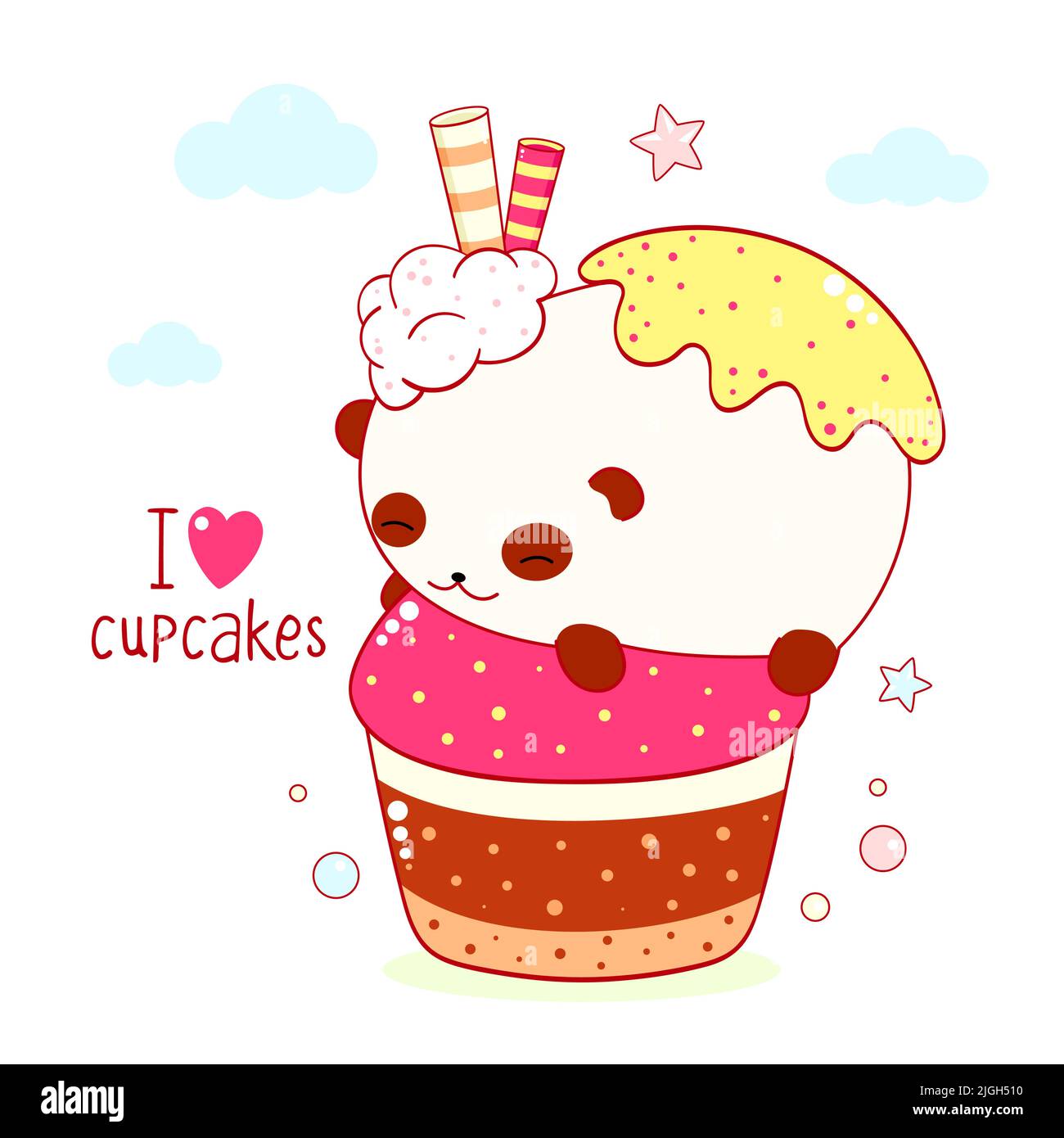 Cute square card in kawaii style. Funny fat panda with cupcake. Inscription I love cupcakes. Can be used for t-shirt print, stickers, greeting card de Stock Vector