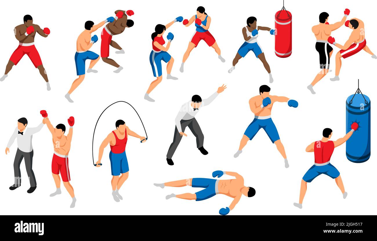 Isometric boxing set of isolated icons with characters of fighting ...