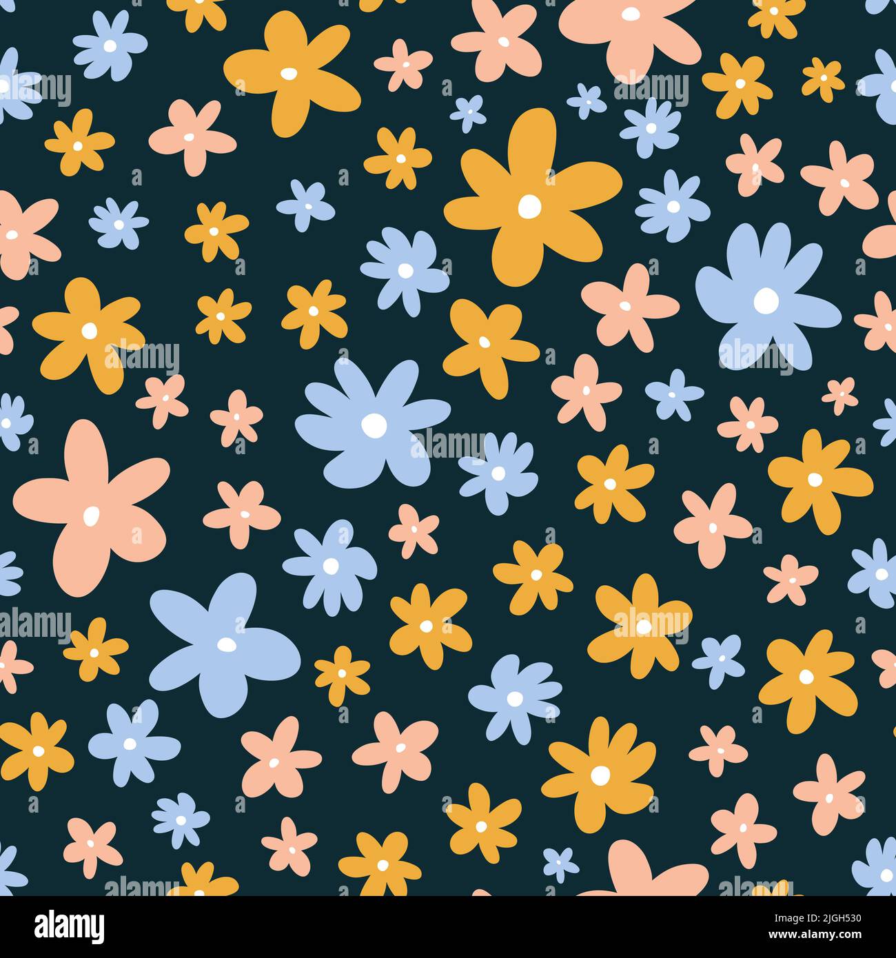Cute seamless pattern with pink, yellow and blue flowers on dark ...