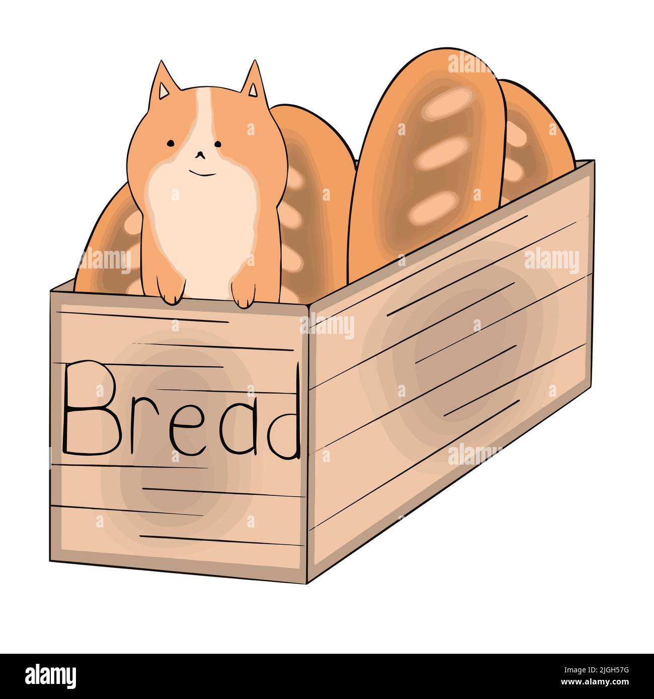The cat climbed into the box with bread on the box the inscription bread Stock Vector