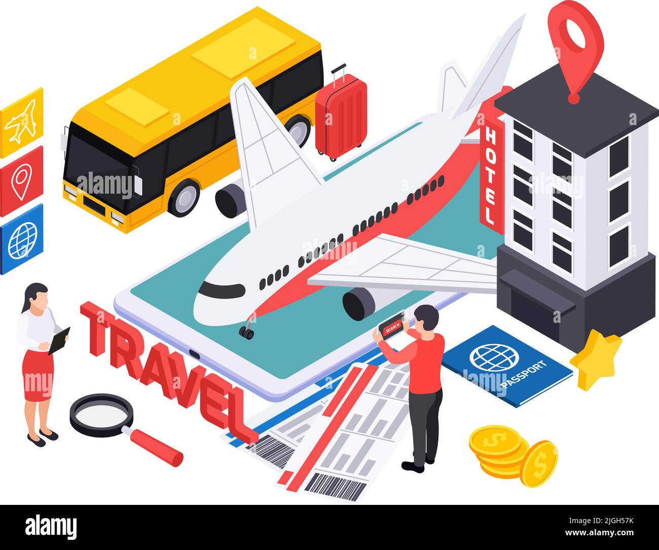 Online booking services in touristic business design concept with smartphone hotel bus airplane isometric icons vector illustration Stock Vector