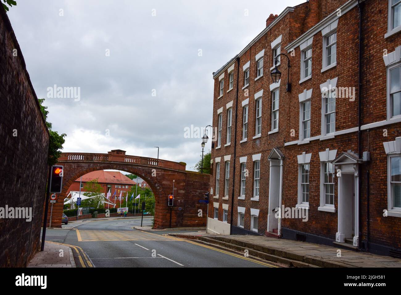 Chester, UK: Jul 3, 2022: Watergate is an access point through the Roman city walls of Chester. It was built to replace a medieval gate. Stock Photo