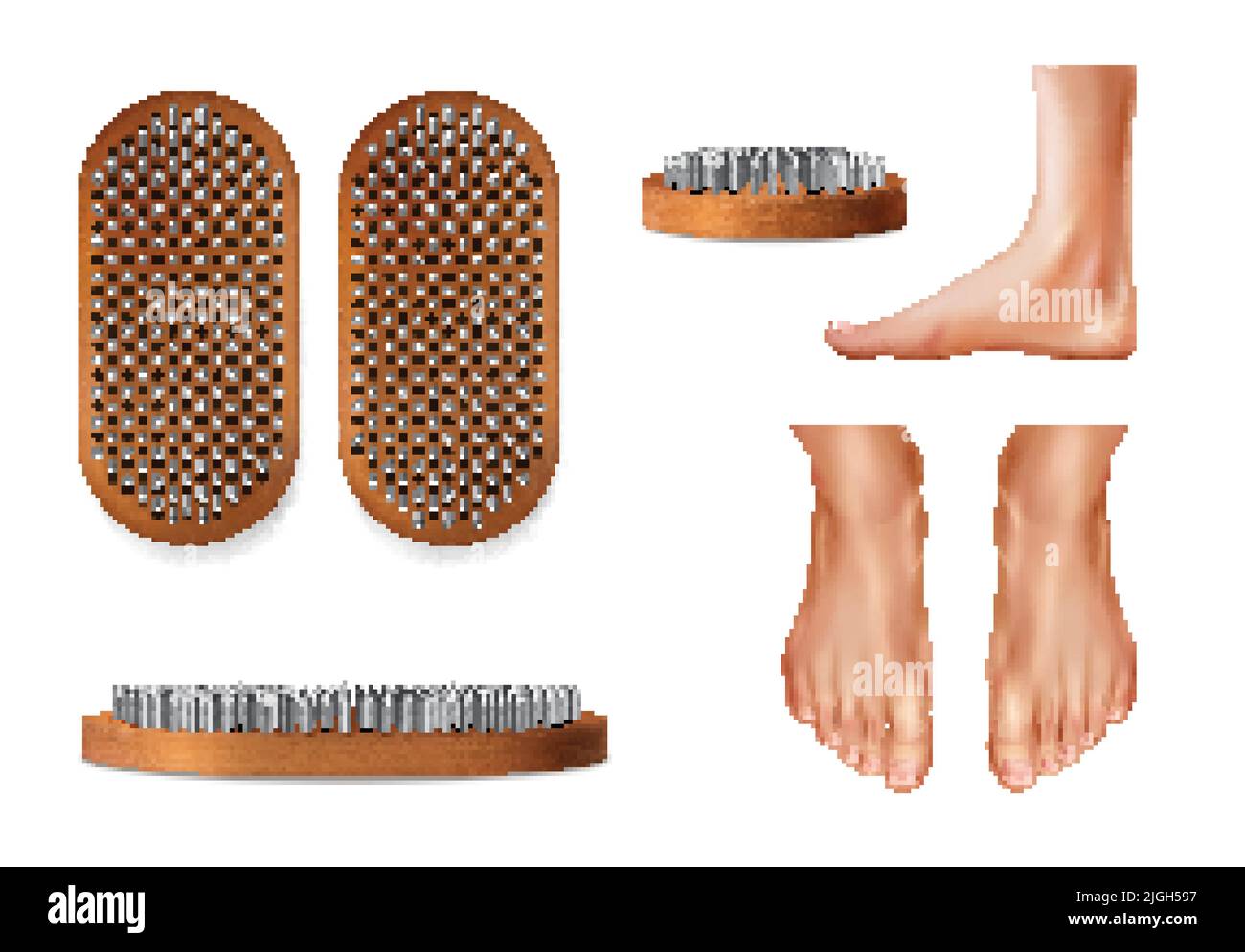 Realistic yoga sadhu boards icon set with feet and bed of sharp nails