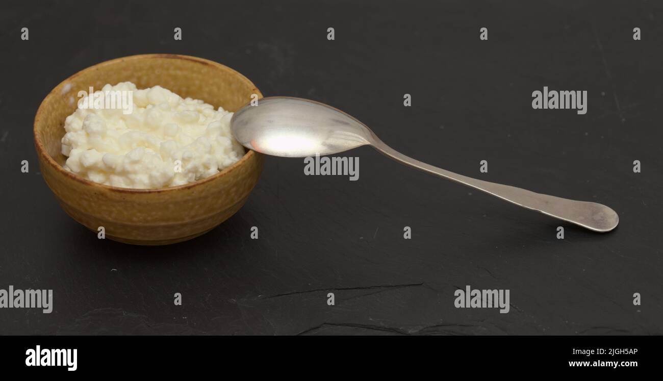 simple still life with cottage cheese in a ceramic bowl Stock Photo