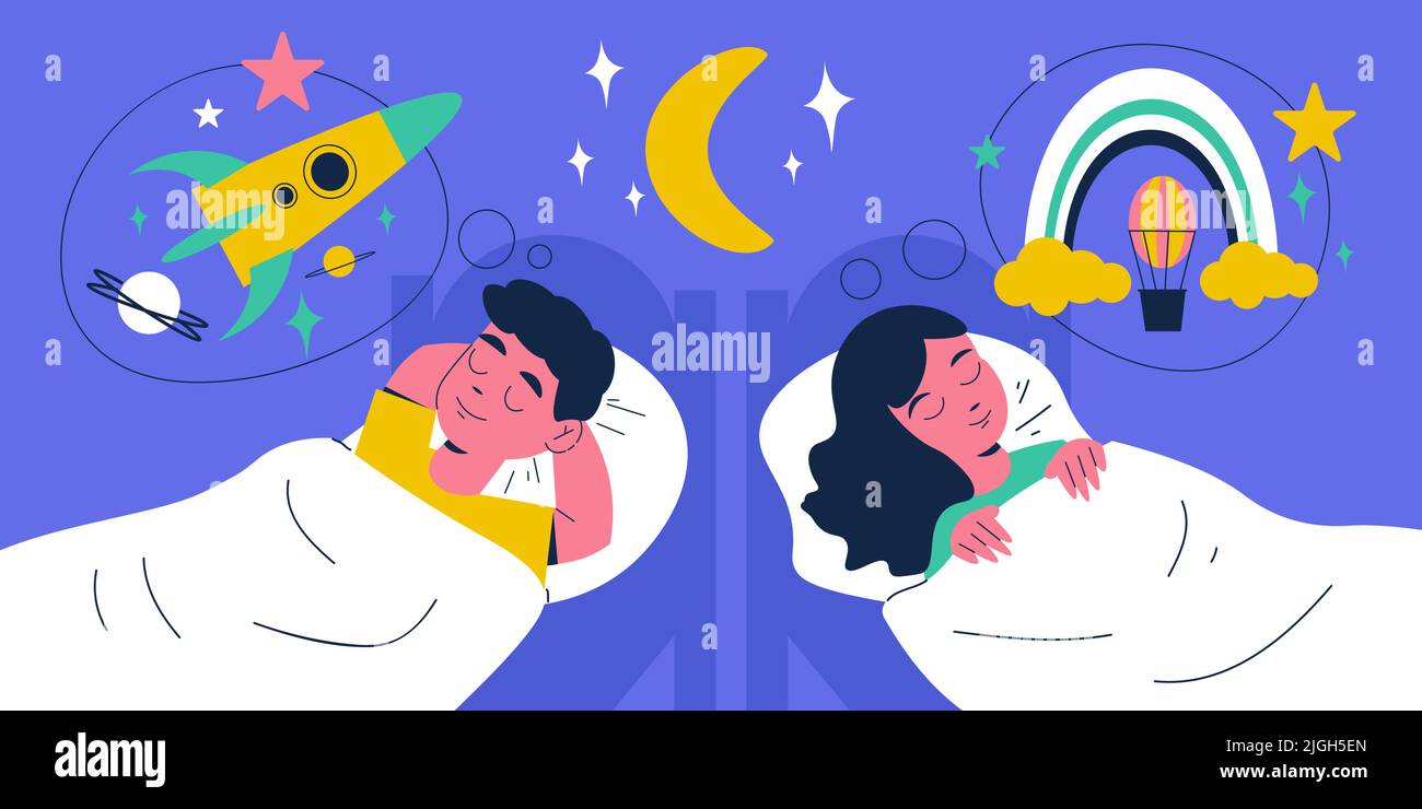 Children dreams night background with kids sleeping in bed and dreaming