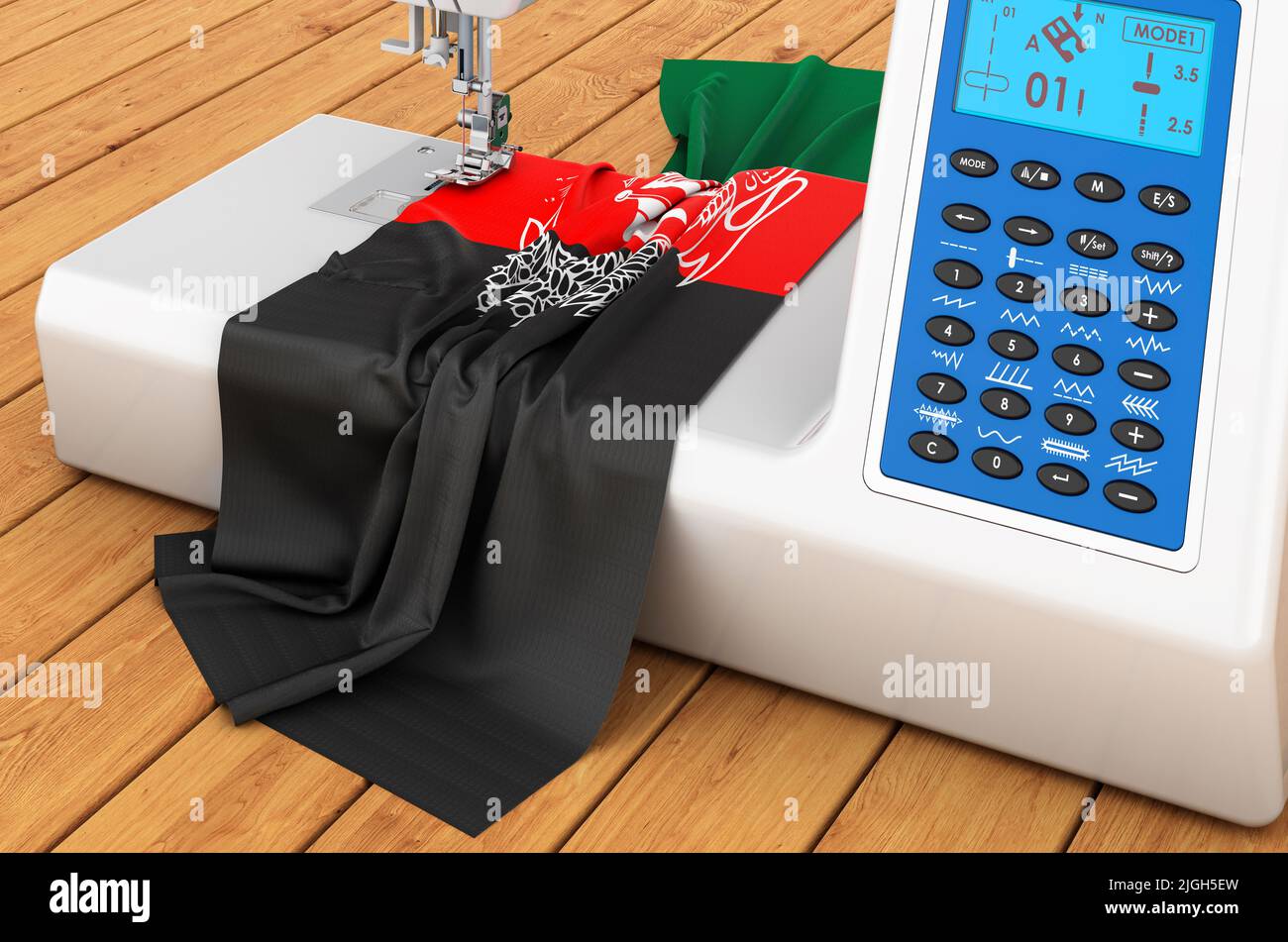 Modern sewing machine with Afghan flag on the wooden table. 3D rendering Stock Photo