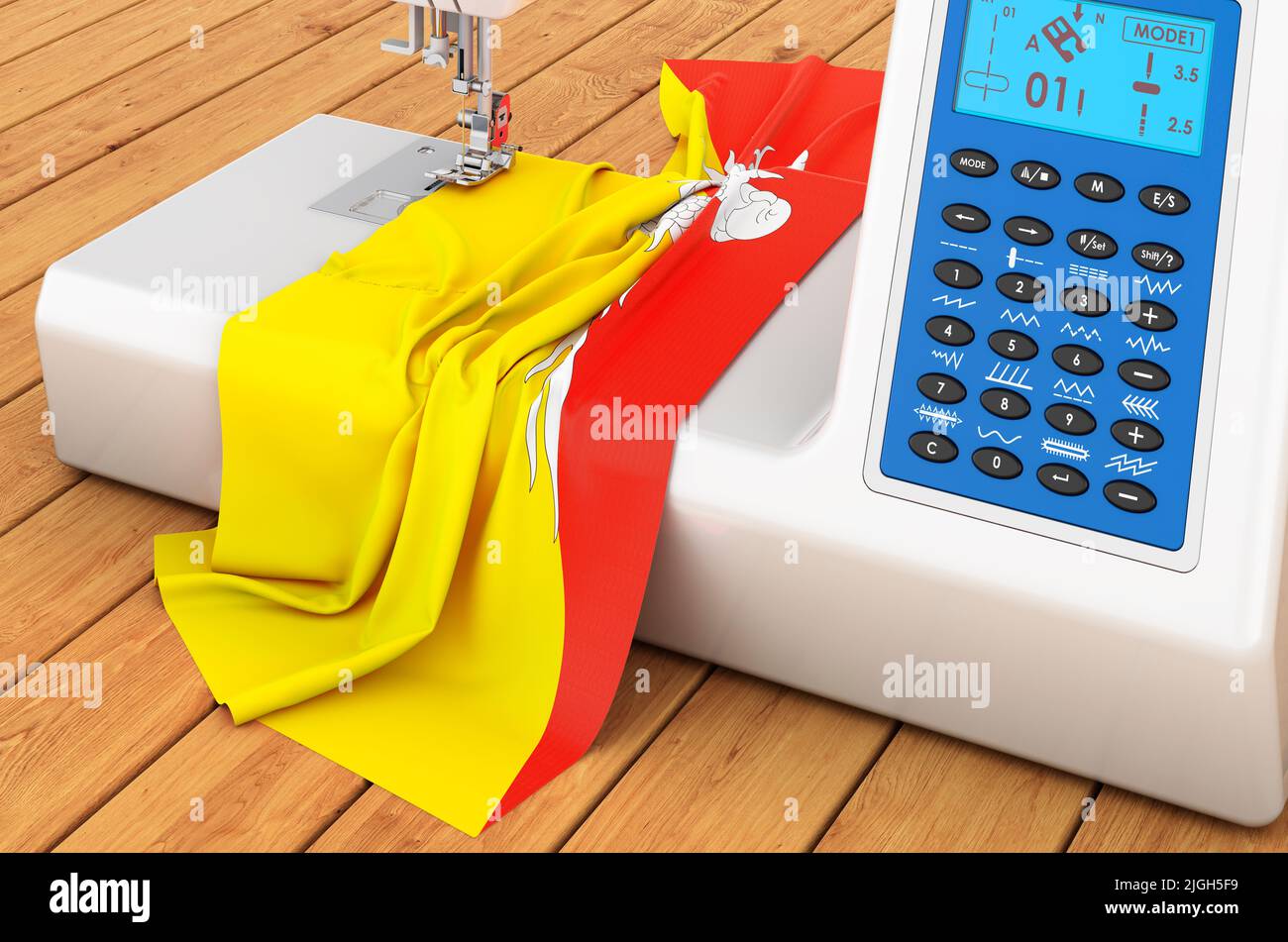 Modern sewing machine with Bhutanese flag on the wooden table. 3D