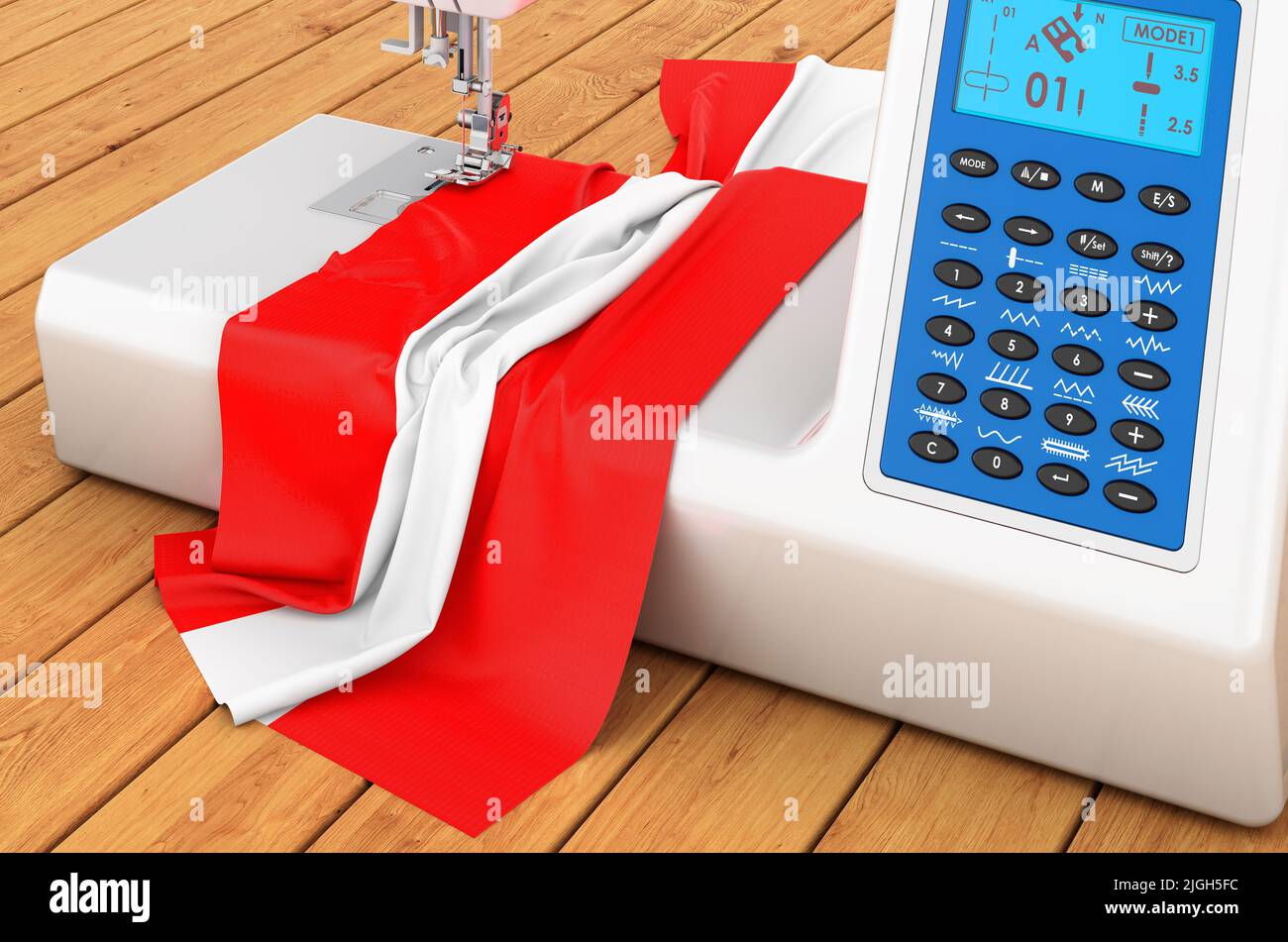 Modern sewing machine with Austrian flag on the wooden table. 3D rendering Stock Photo