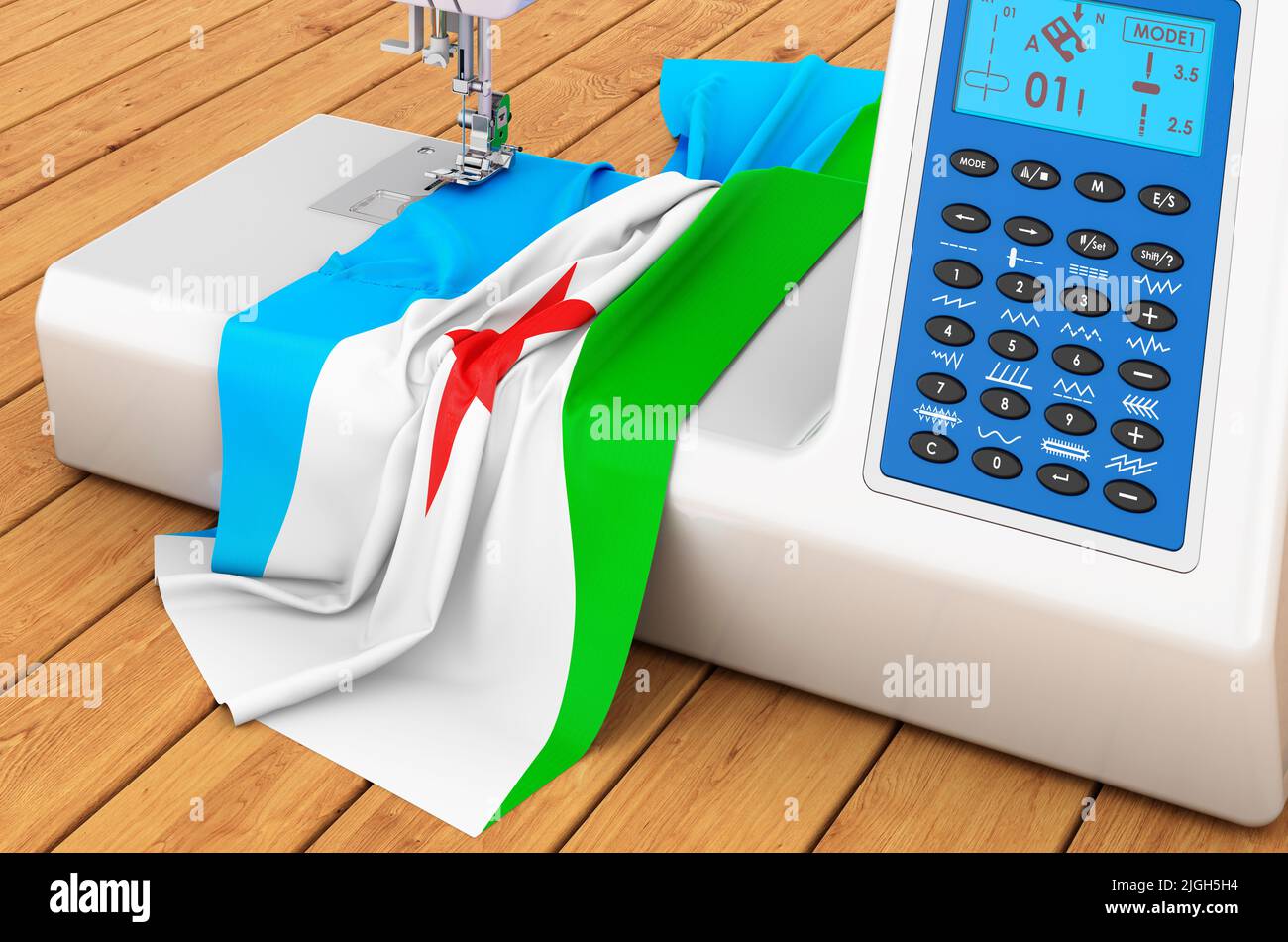Modern sewing machine with Djiboutian flag on the wooden table. 3D rendering Stock Photo