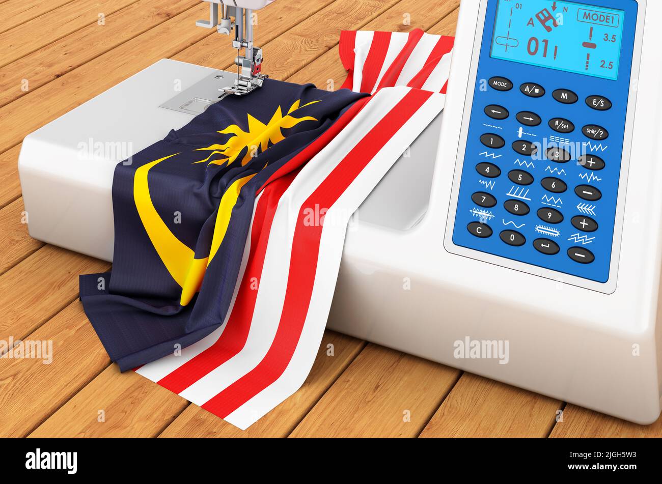 Modern sewing machine with Malaysian flag on the wooden table. 3D