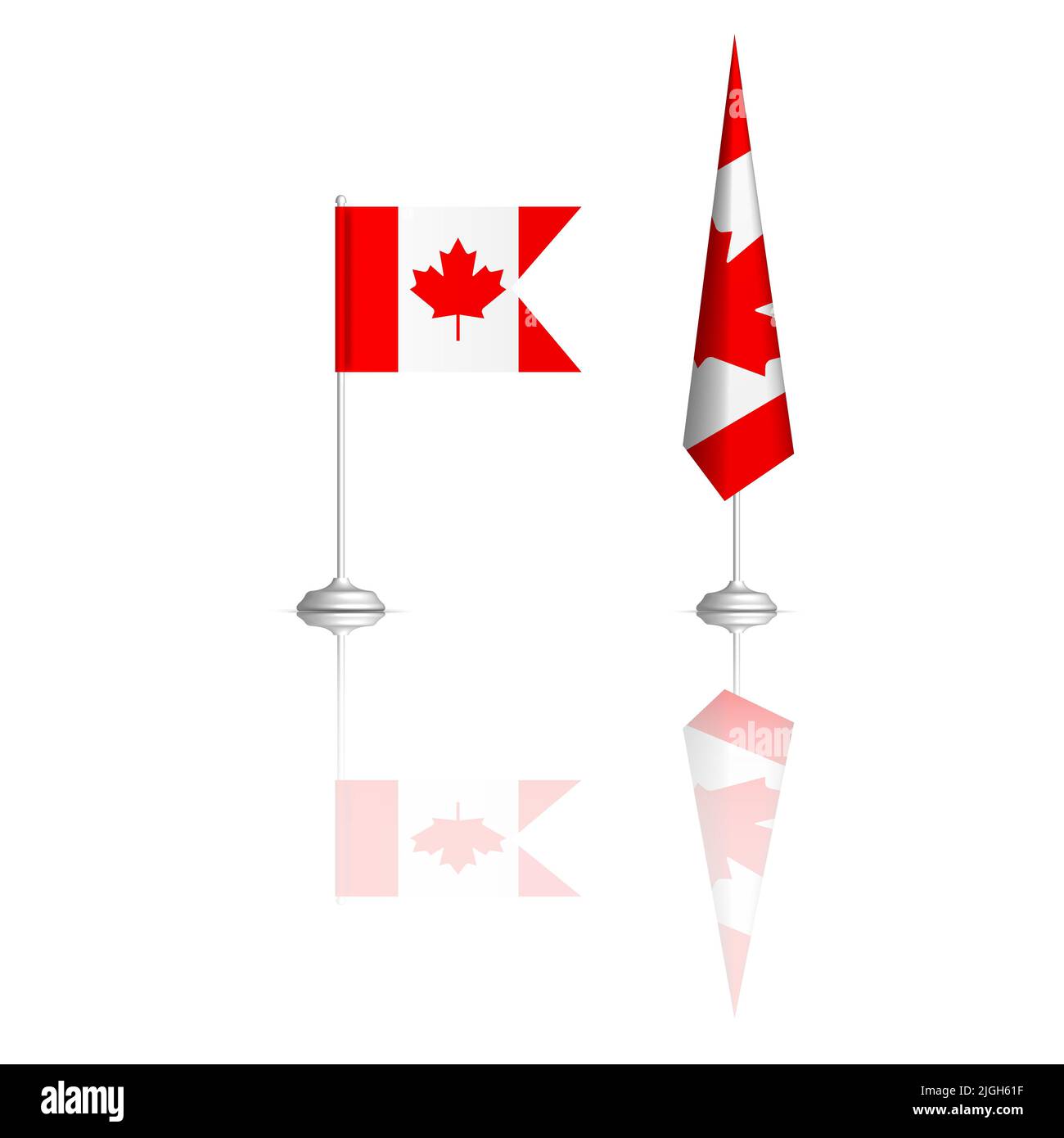 Canadian flag in two versions with mirror reflection. Front view, vector illustration. Stock Vector