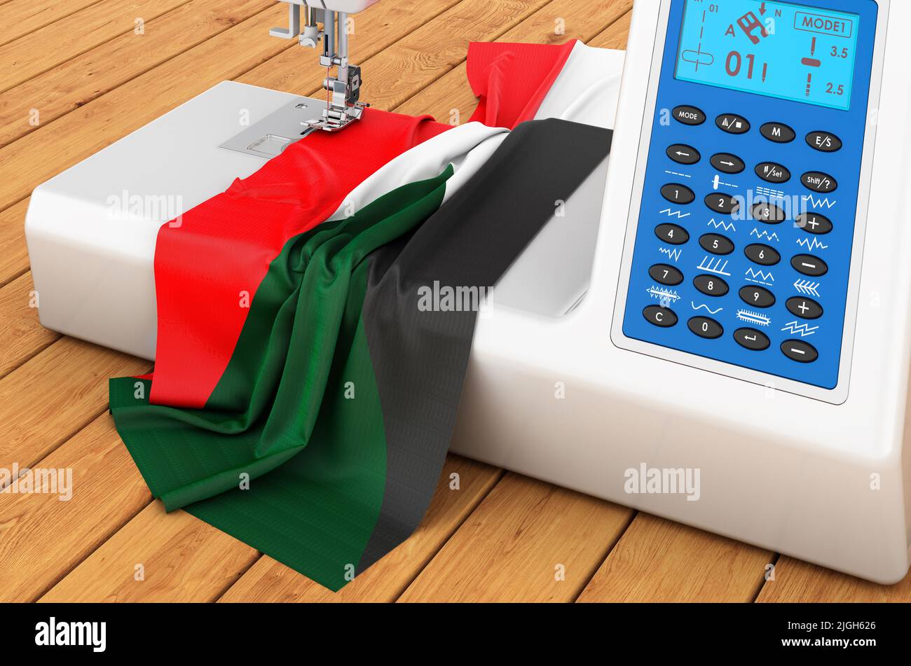 Modern sewing machine with Sudanese flag on the wooden table. 3D rendering Stock Photo