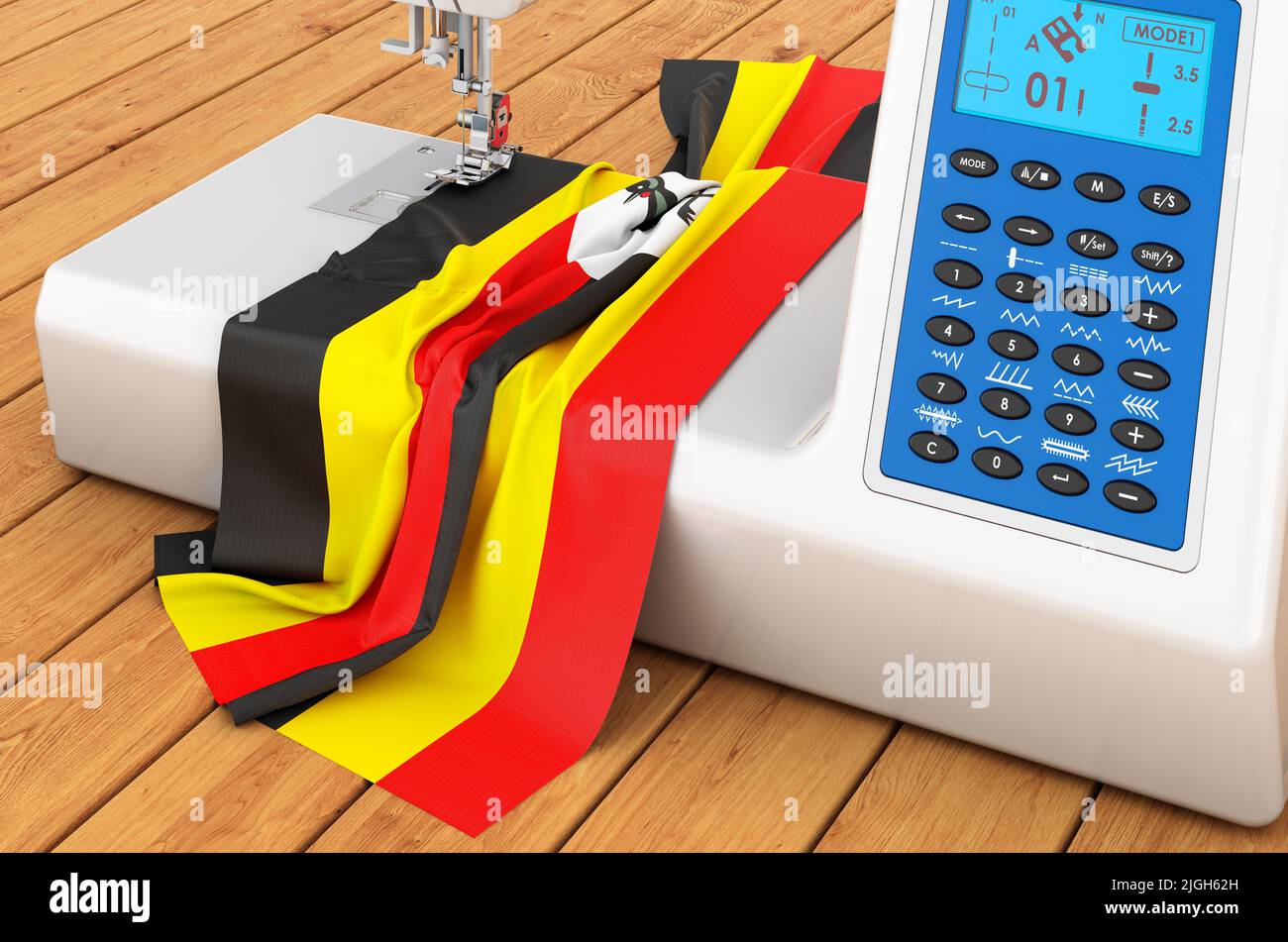 Modern sewing machine with Ugandan flag on the wooden table. 3D