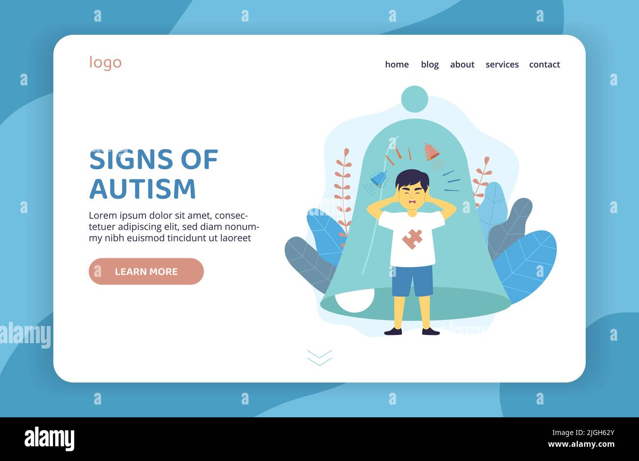 Signs of autism flat web site page with child sensitive to loud noises