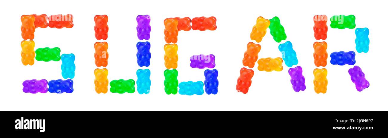 Colorful gummy bears arranged into a word SUGAR on white background. Calories replenishment concept. Stock Photo