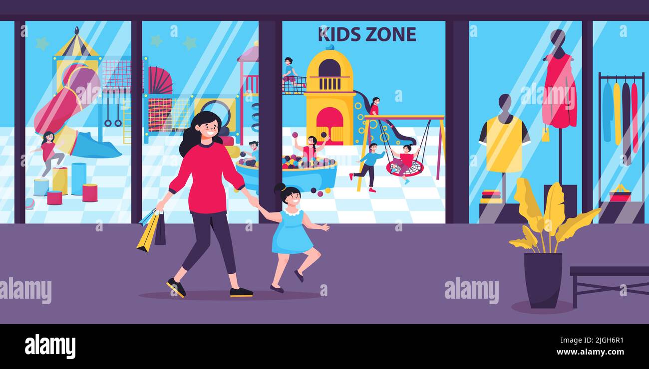 Mall with kids zone flat background with happy mother and her small
