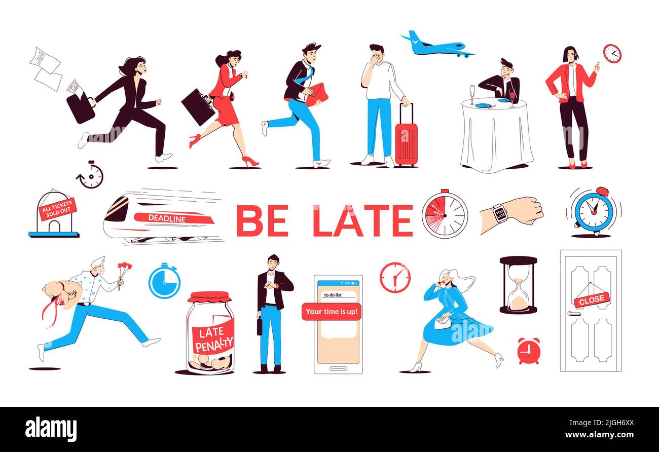 Be late set with flat isolated icons of deadline clocks with people