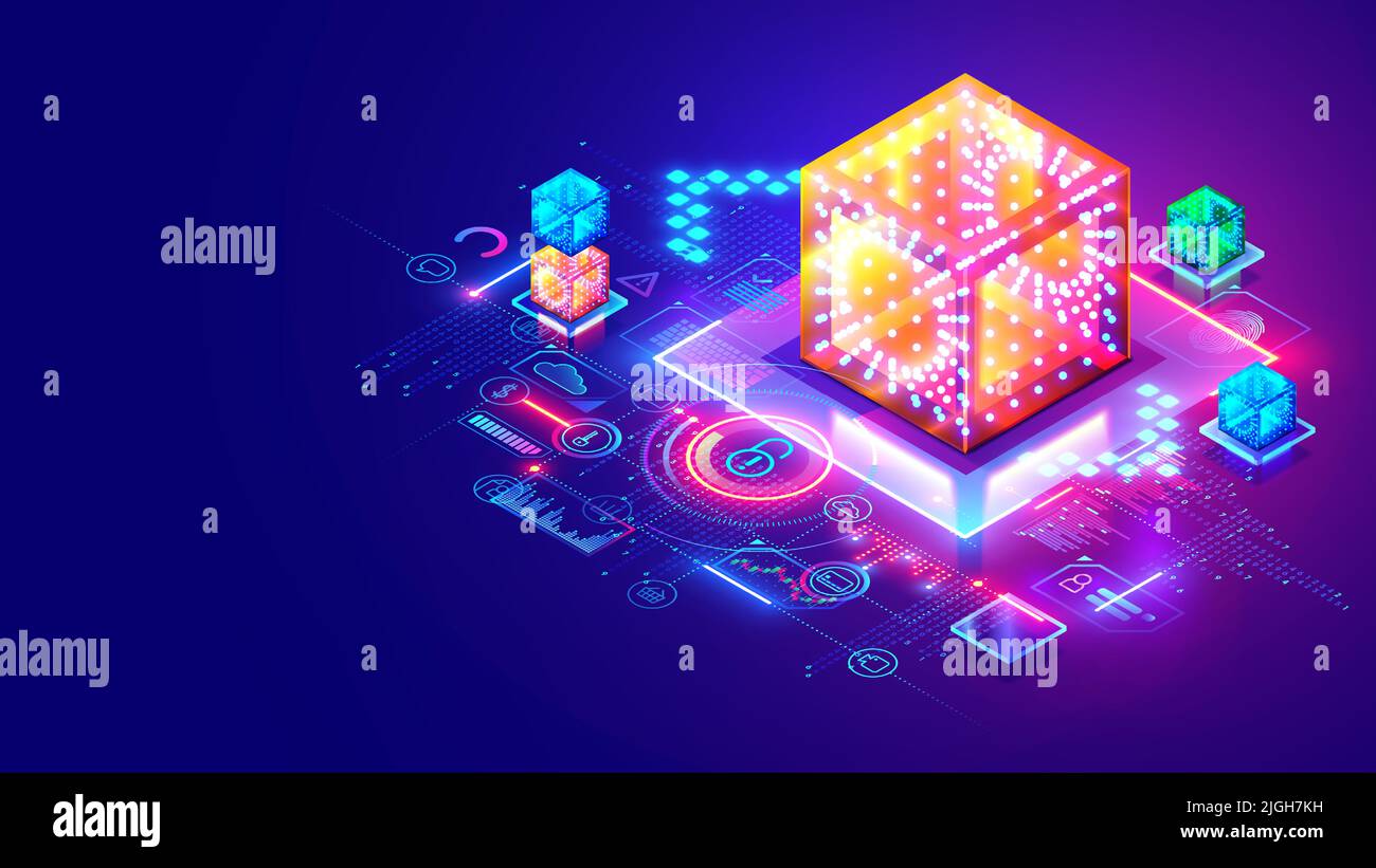 Blockchain technology isometric conceptual banner. Digital block chain tech  background. Cryptocurrency mining and safety internet storage. Data is  Stock Vector Image & Art - Alamy