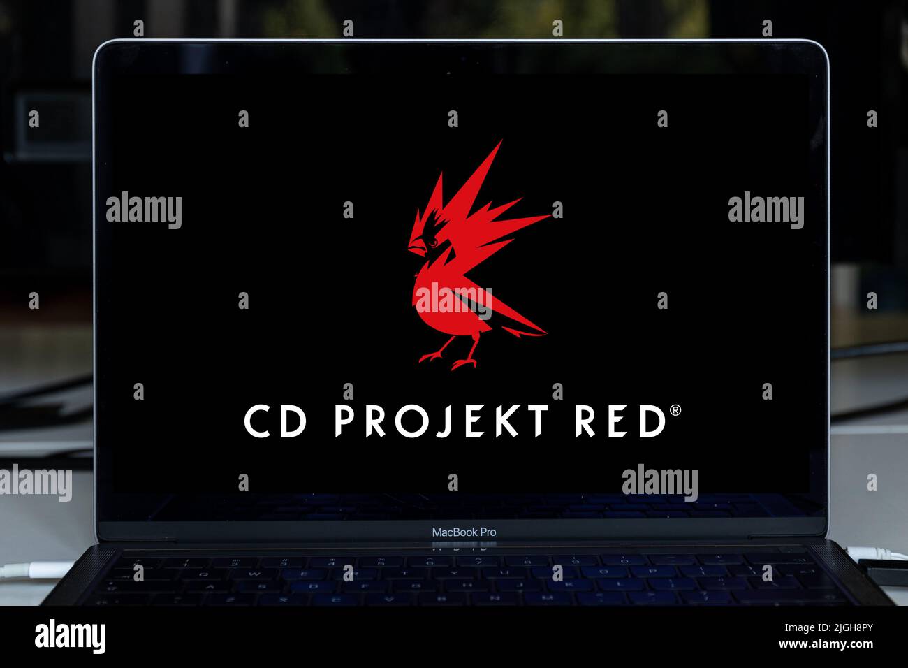 CD PROJEKT RED video game design company on screen. CD PROJEKT is a Polish video game developer Stock Photo