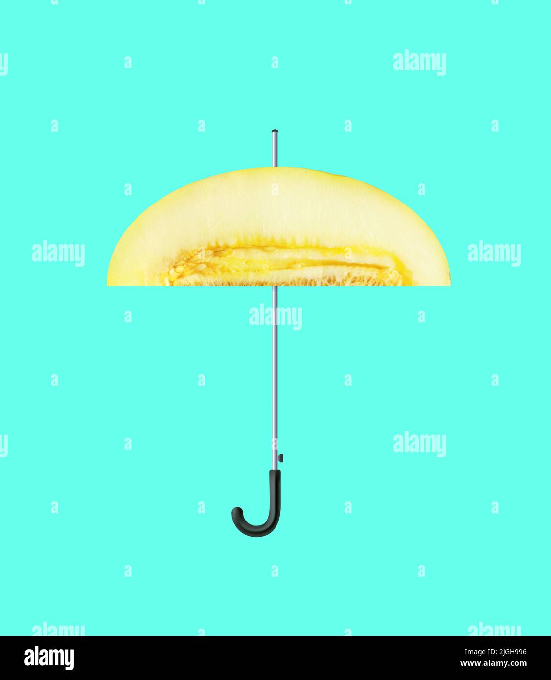 Contemporary art collage. Creative colorful design with umbrella made from melon isolated on mint background Stock Photo