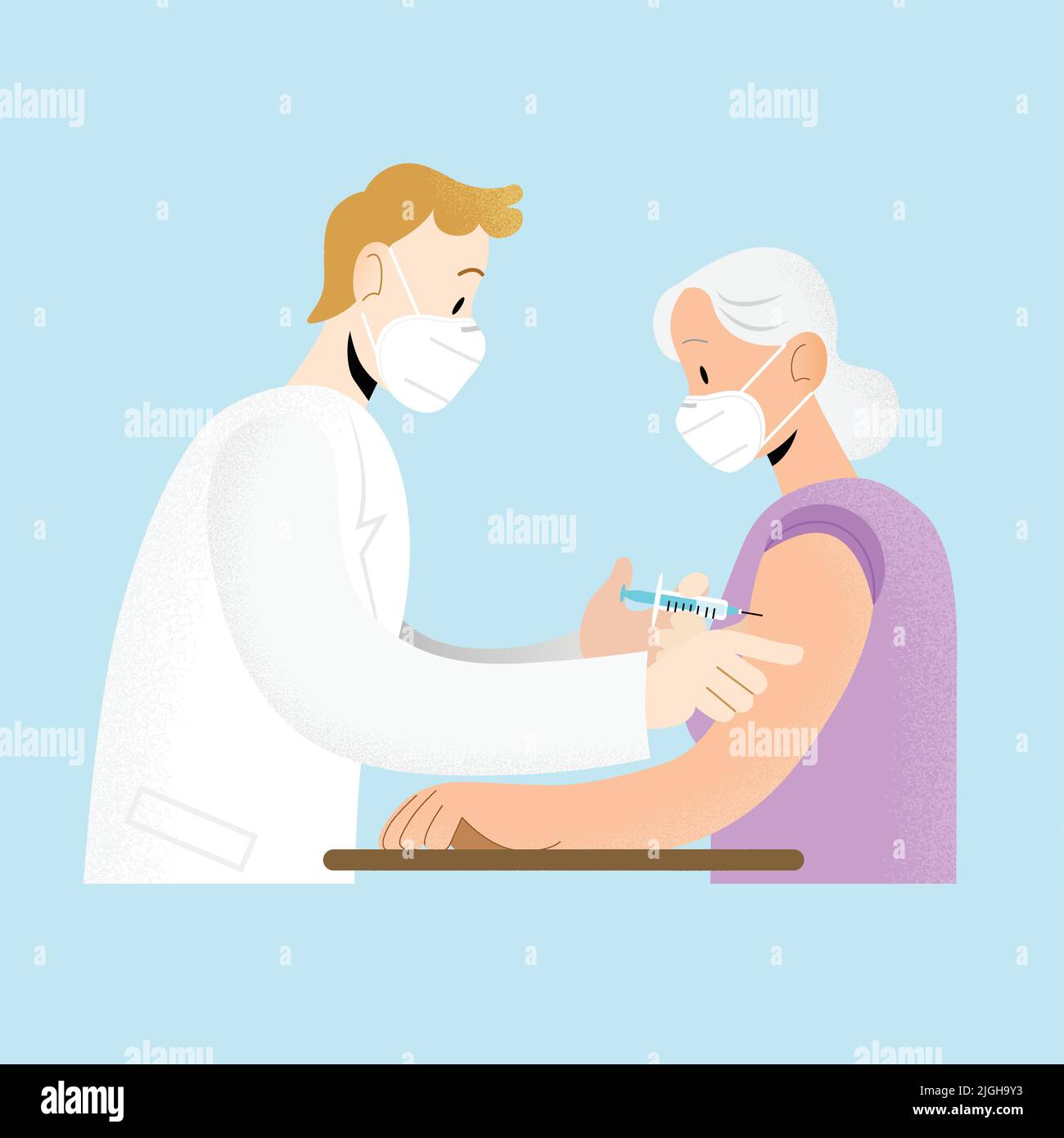 Doctor and patient wearing ffp2 kn95 masks-Young man doctor vaccinating old woman patient- Vaccine inoculation Stock Vector