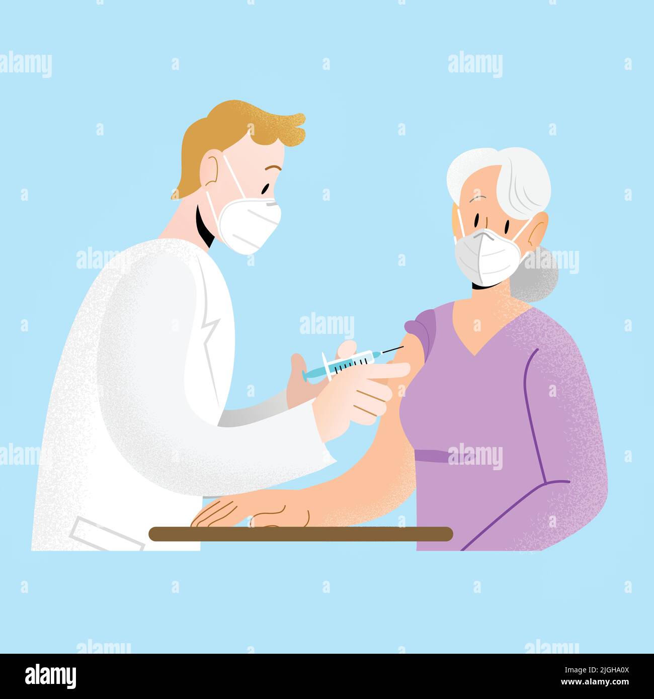 Doctor and patient with ffp2 kn95 white masks- Young doctor vaccinationg senior woman patient arm- Vaccine innoculation Stock Vector