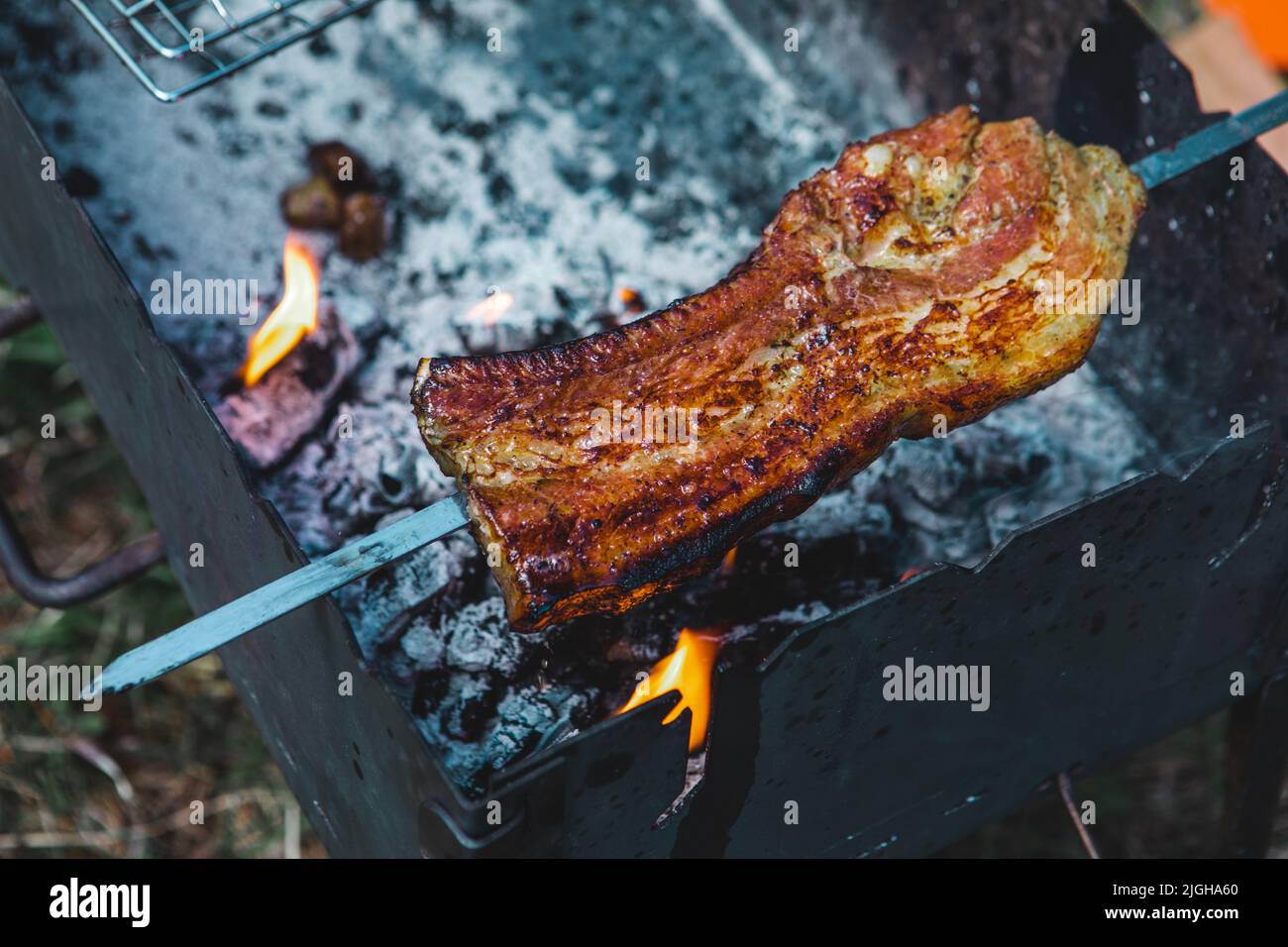 cooking meat at campfire close up. camping concept Stock Photo Alamy