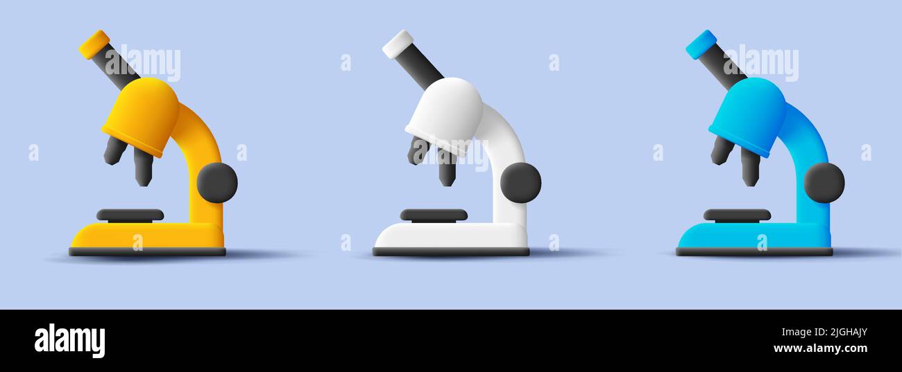 microscope icons set, 3d render illustration, science microbiology Stock Vector