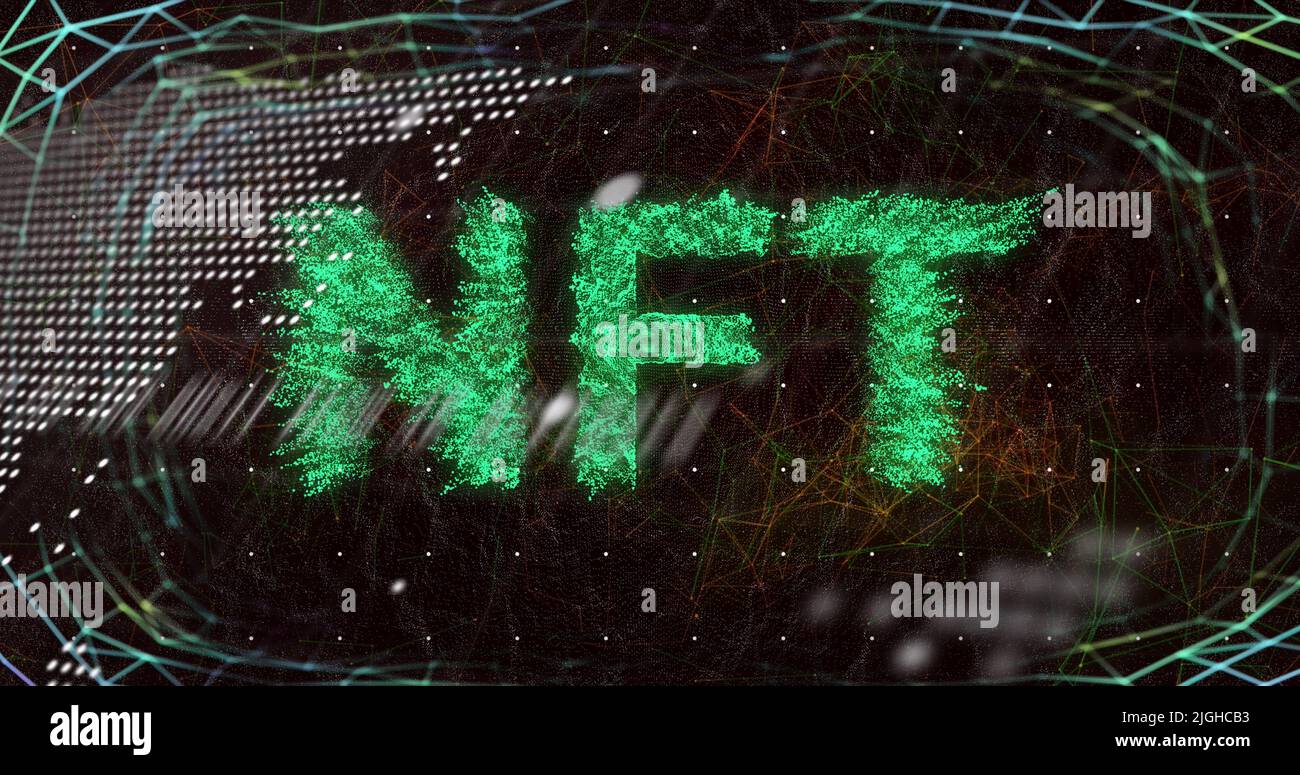 Image of data processing and nft text over black background Stock Photo
