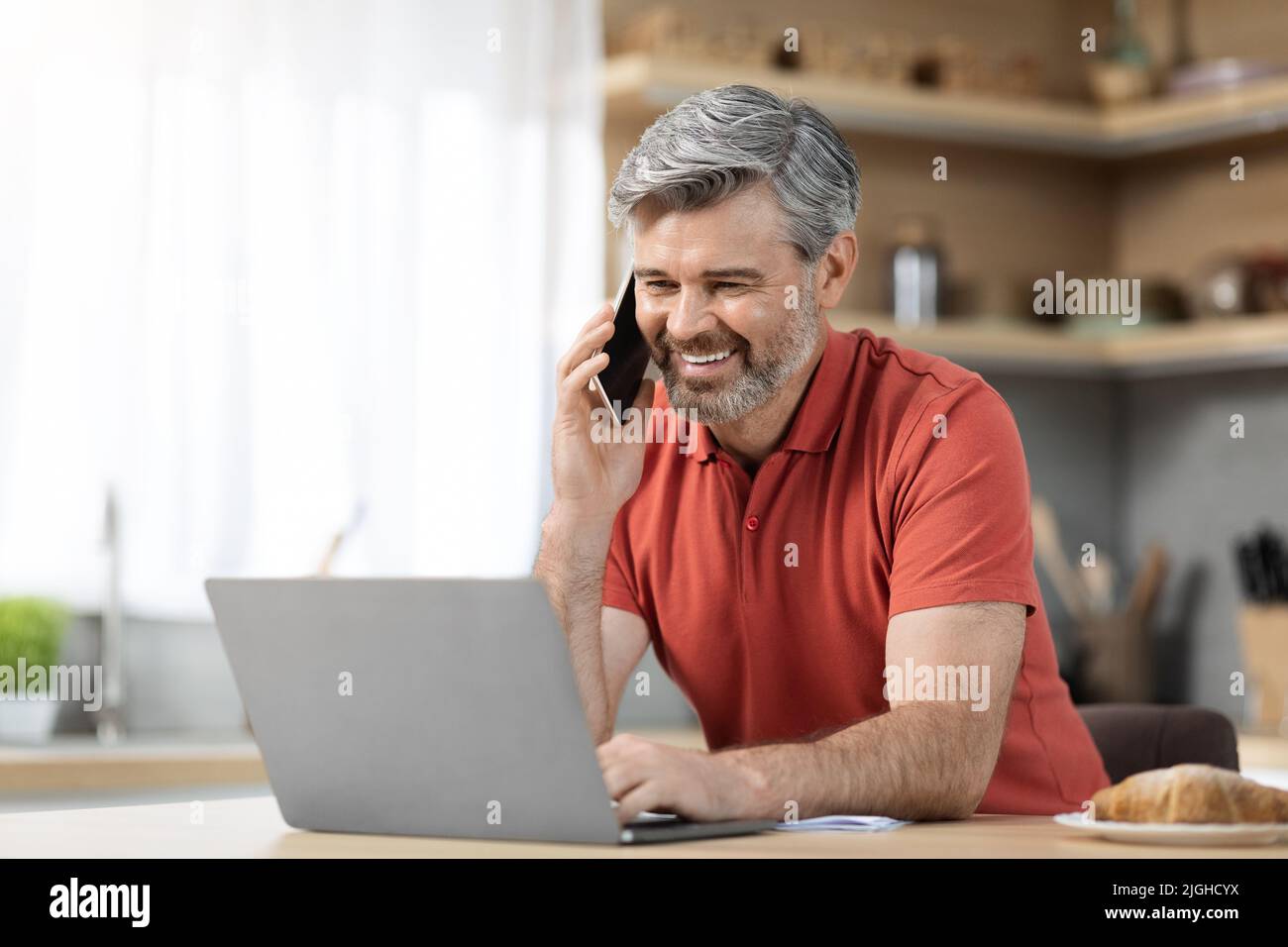 Handsome middle aged businessman working from home Stock Photo