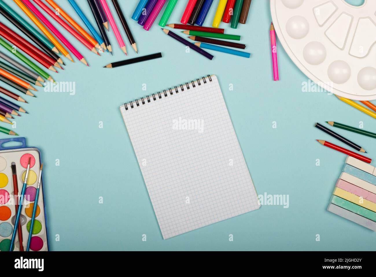 Sketchbook Pencils On Dark Background Top Stock Photo 1221747766