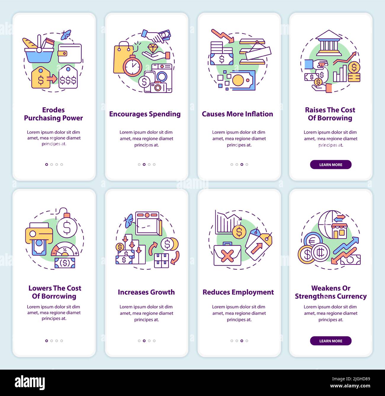 Inflation consequences onboarding mobile app screen set Stock Vector ...