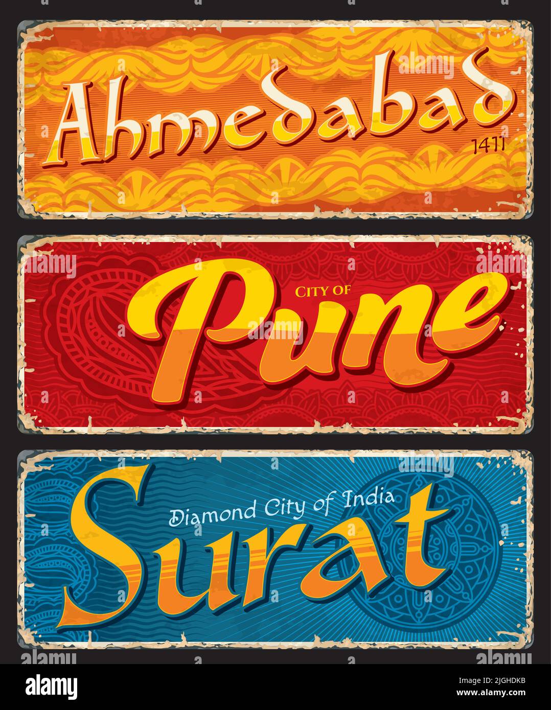 Ahmedabad, Pune, Surat, Indian city travel stickers and plates, vector vintage retro signs. India trip luggage labels or baggage tags and Indian vacations old posters or tin signs Stock Vector