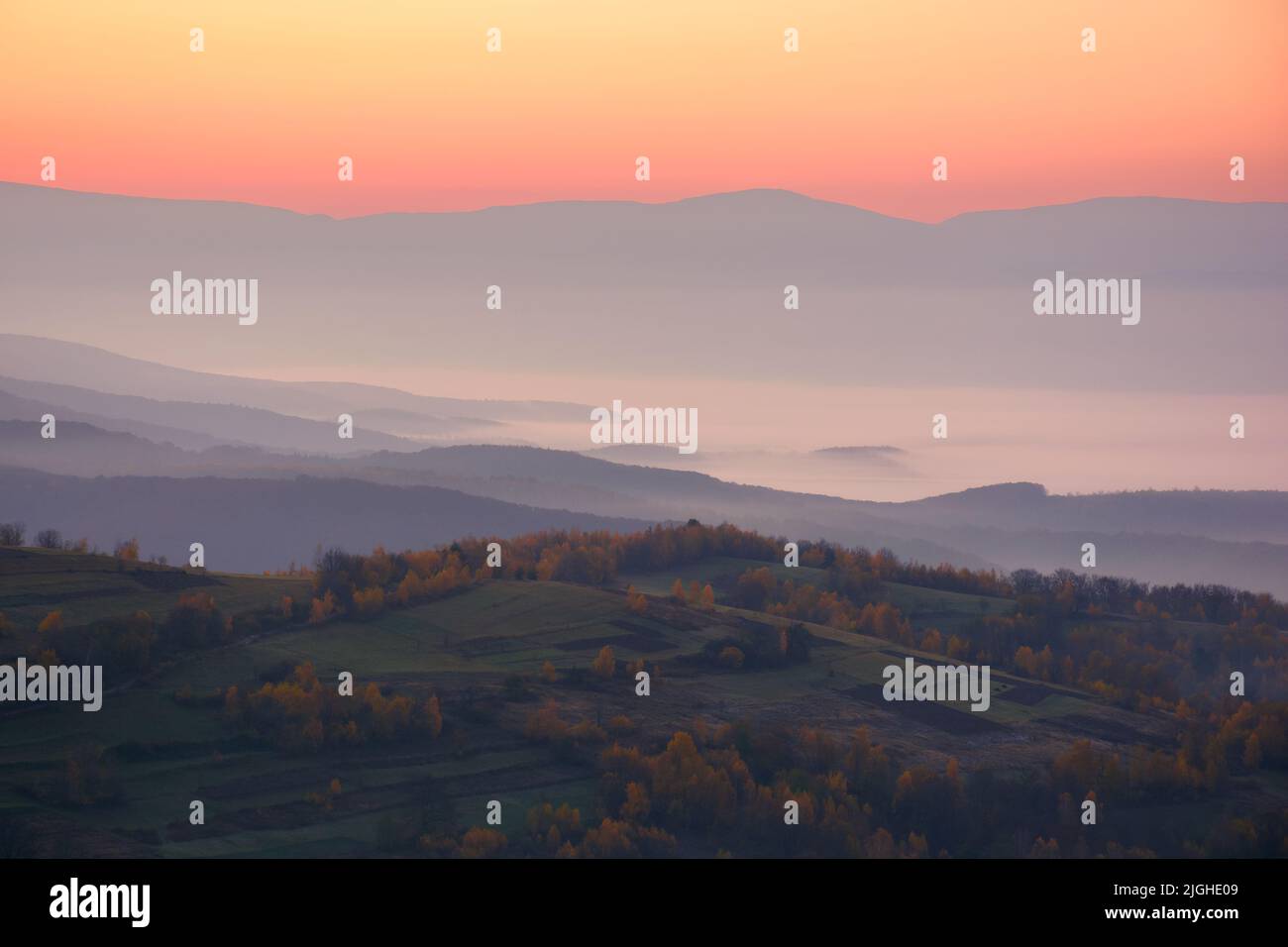 misty autumn morning. gorgeous countryside scenery in mountains at dawn. forested hills and glowing fog in the distance valley Stock Photo