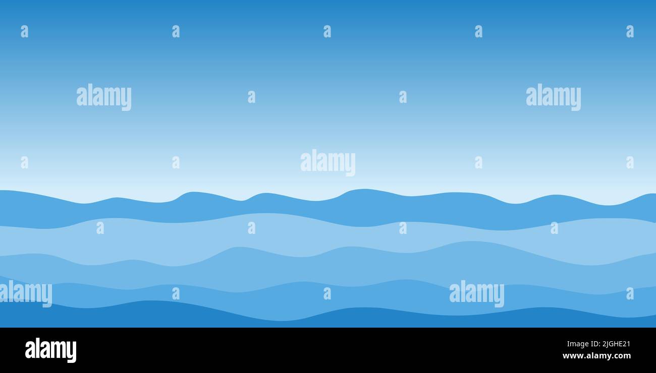 Blue sea waves pattern. Seamless sea water texture. Simple vector. Copyspace on top. Stock Vector