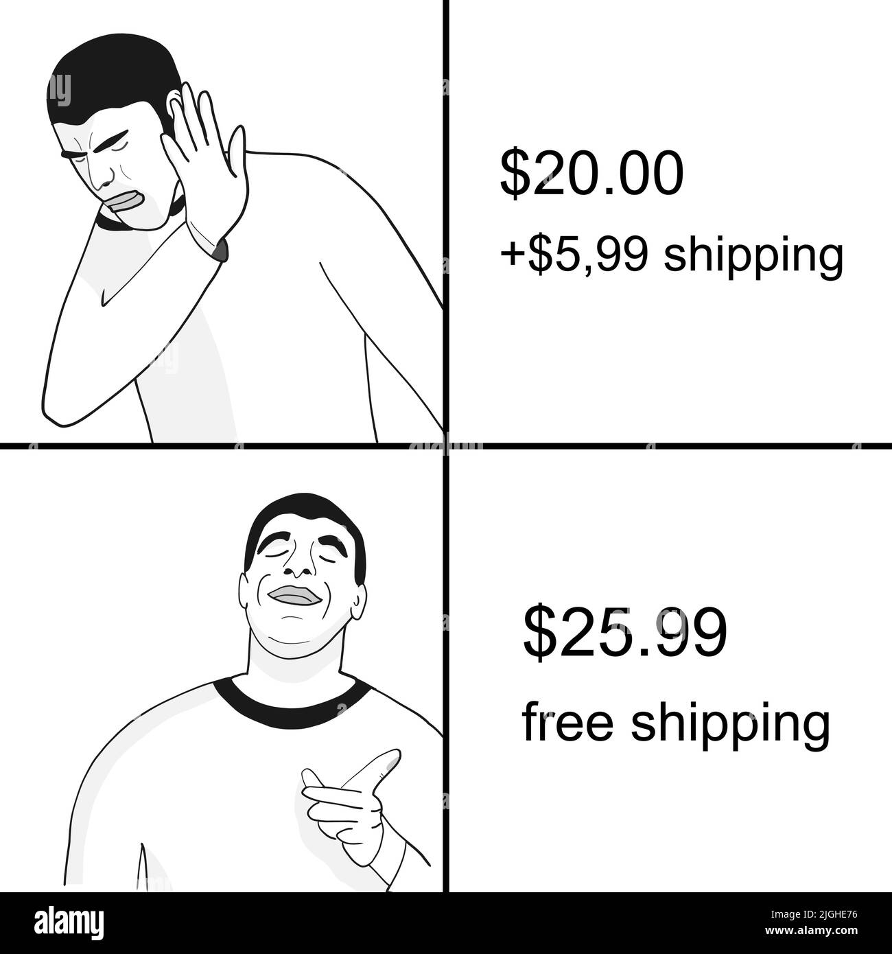 Free shipping vs paid shipping. Funny meme for social media sharing. Stock Vector