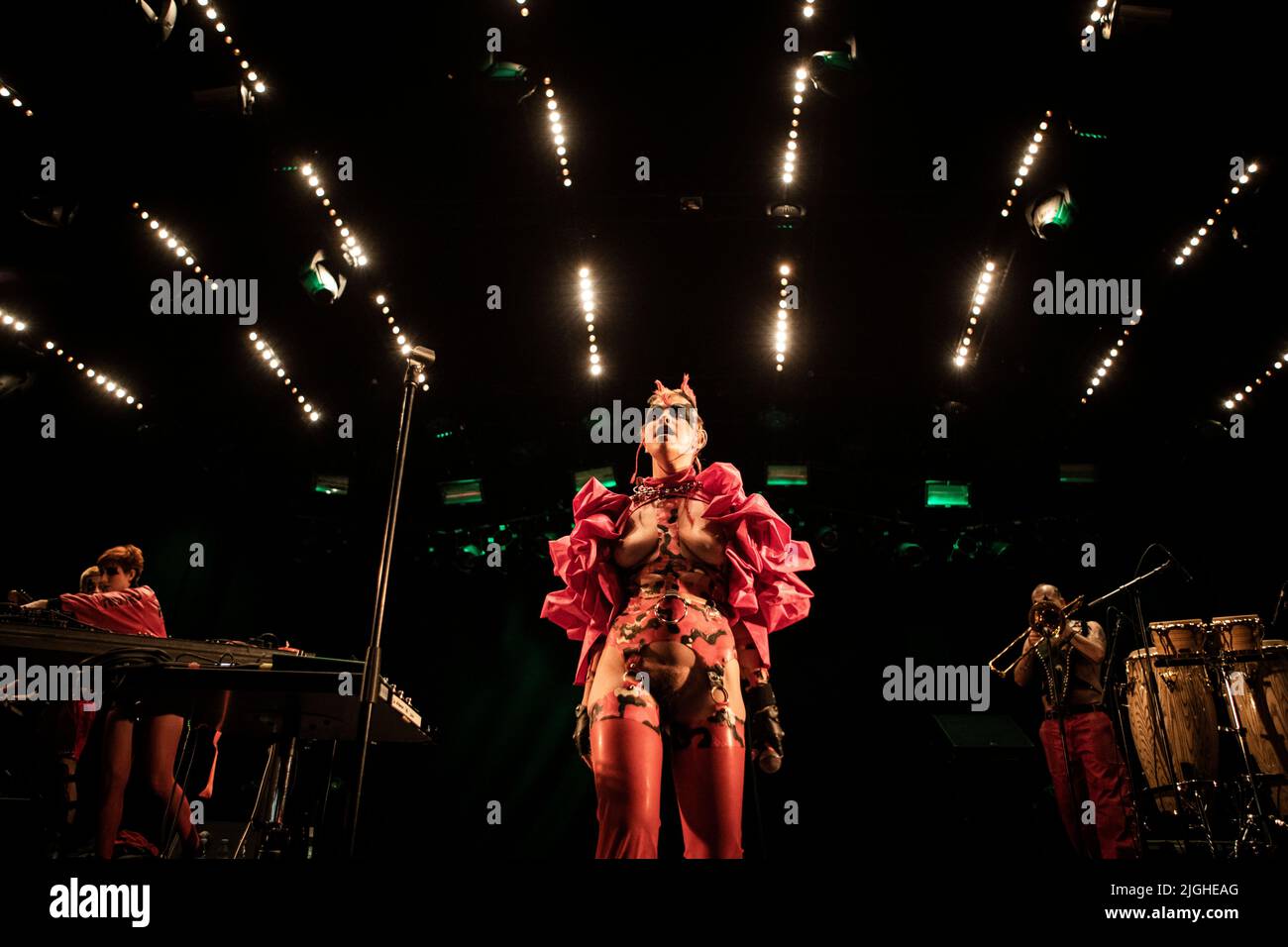 Roskilde, Denmark. 02nd, July 2022. The Brazilian electronic music act and  performance art group Teto Preto performs a live concert during the Danish  music festival Roskilde Festival 2022 in Roskilde. Here vocalist