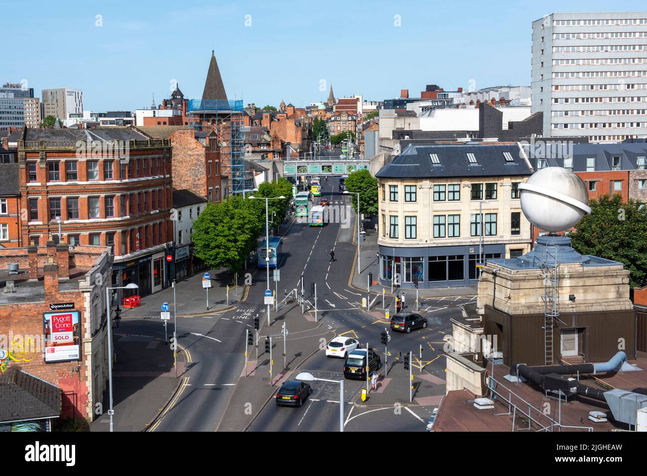 View up Lower Parliament Street in Nottingham, captured from the roof of Confetti, Nottinghamshire England UK Stock Photo