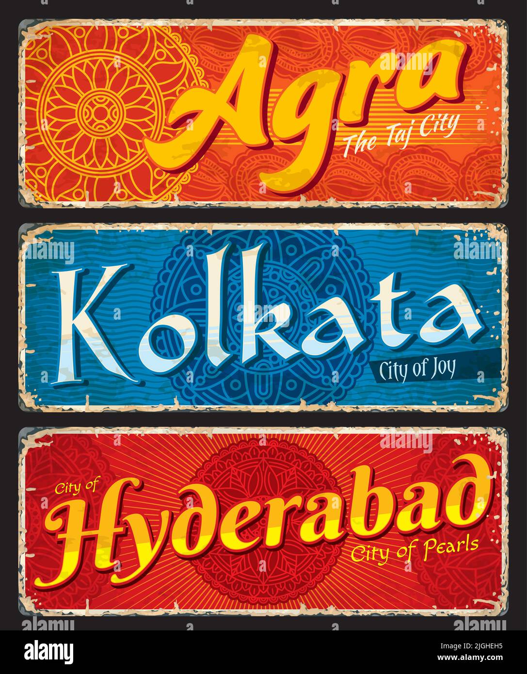 Agra, Kolkata, Hyderabad, Indian city travel stickers and plates