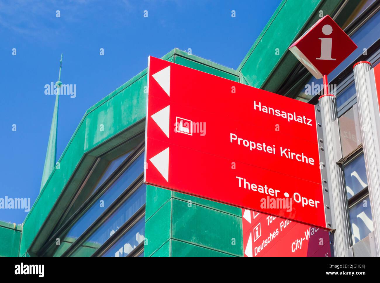 Red tourist sign on the market square of Dortmund, Germany Stock Photo