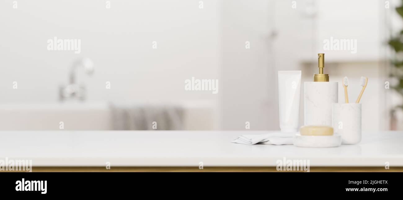 Luxury white marble bathroom tabletop with white marble bathroom container set, soap, shampoo ...