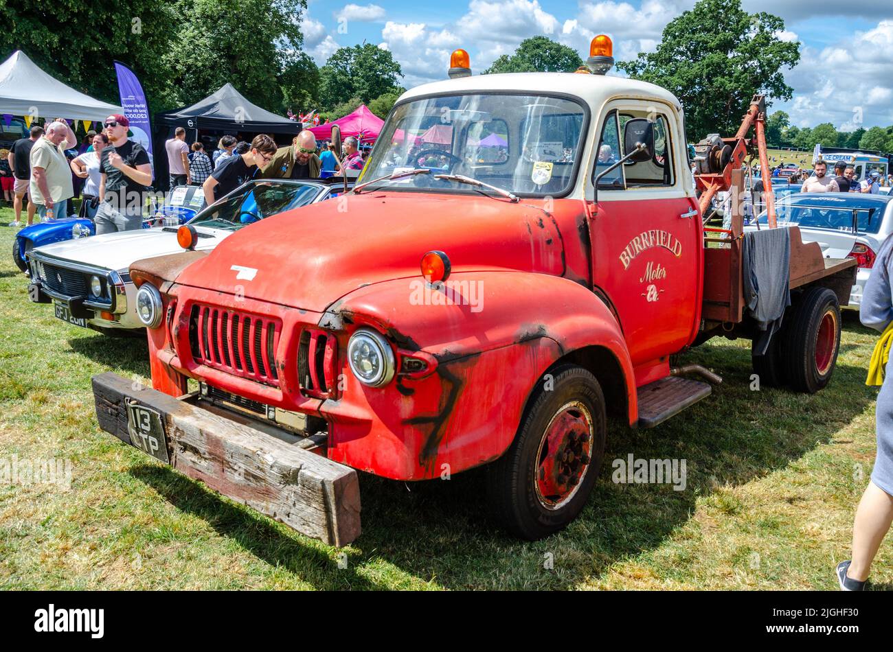 Front view of a vintage J Series Bedford tow truck with a wooden sleeper fitted as a bumper at The Berkshire Motor Show in Reading, UK Stock Photo